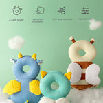 Three cartoonish head protectors on a cloud with a green background and text about product features.