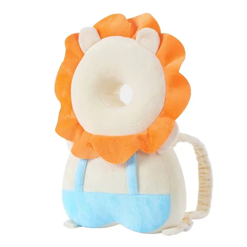Plush lion toy with an orange mane and blue base on a white background