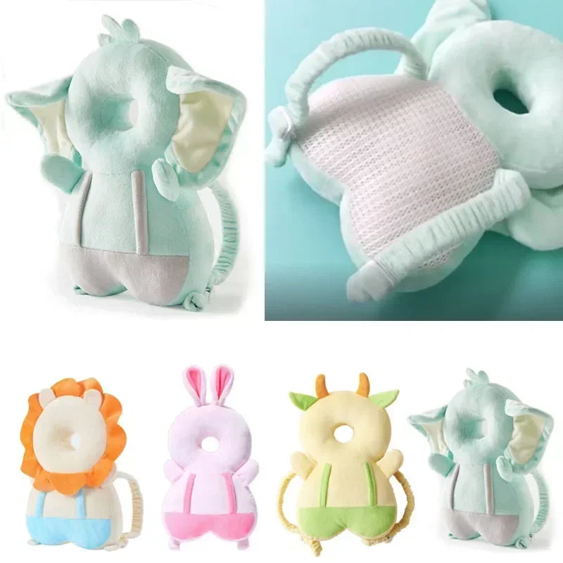 Collection of soft animal-shaped pillows with close-up details on a light blue background.