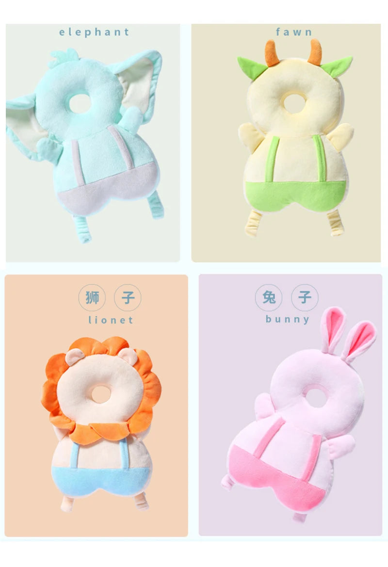 Four plush toys with animal designs on colorful backgrounds