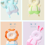 Four plush toys with animal designs on colorful backgrounds