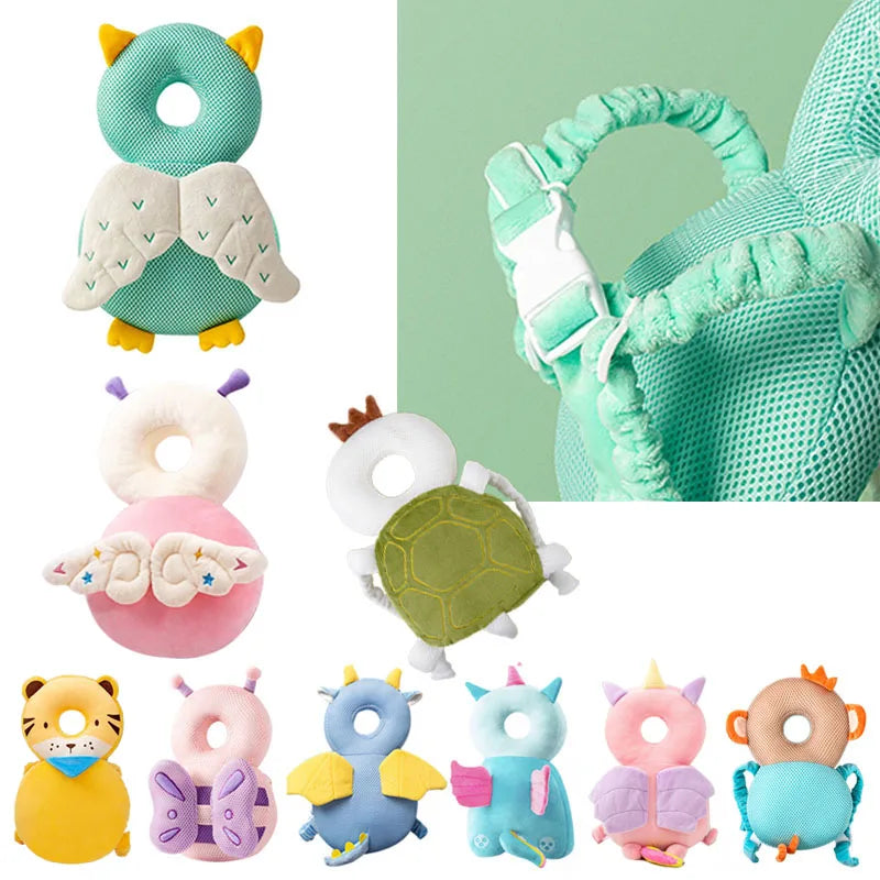 Collection of colorful baby toys with animal designs on a green background