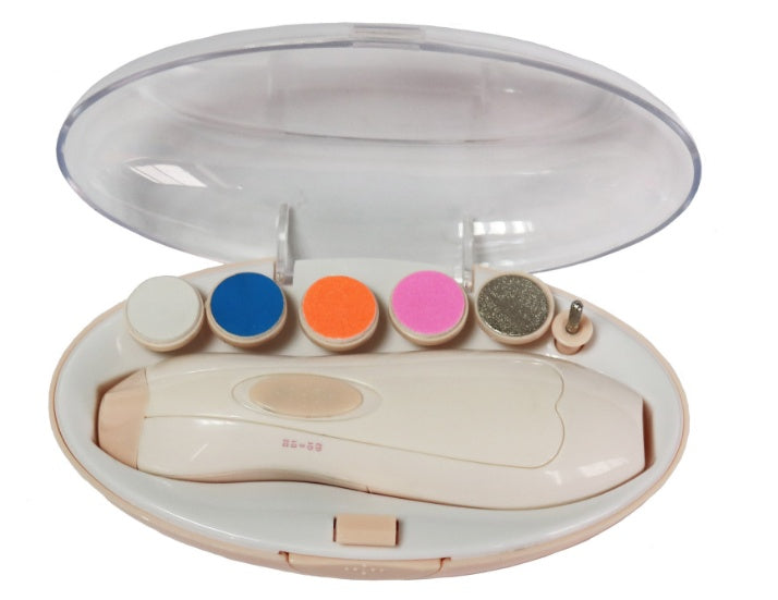 Beauty tool with colorful attachments on a white background