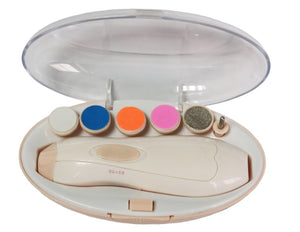 Beauty tool with colorful attachments on a white background