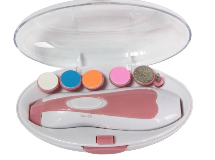 Pink nail drill with colorful attachments in an open case on a white background