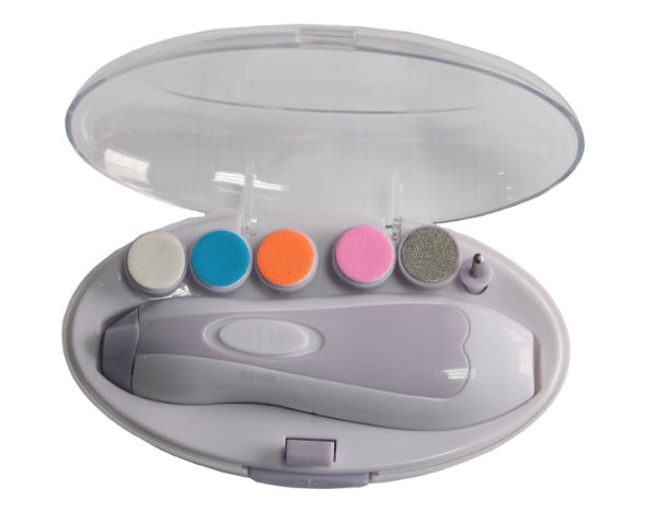 Portable nail drill with color-coded attachments on a white background