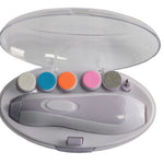 Portable nail drill with color-coded attachments on a white background