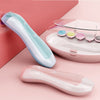 Two handheld devices, one light blue and one pink, on a pink background with a clear case containing colorful items.