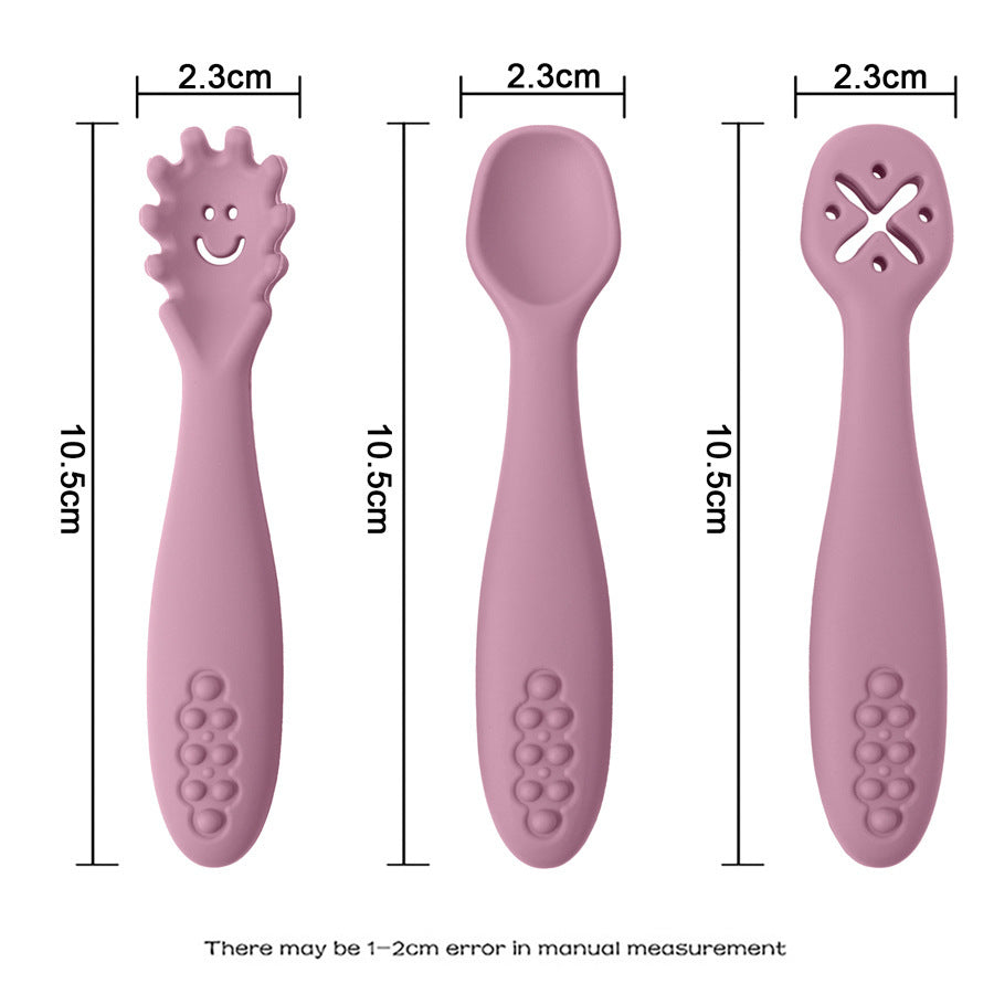 Three pink baby utensils with measurements on a white background