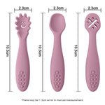 Three pink baby utensils with measurements on a white background