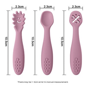 Three pink baby utensils with measurements on a white background