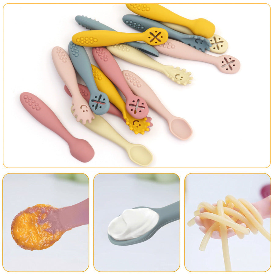Set of colorful baby spoons with different textures and uses on a white background.