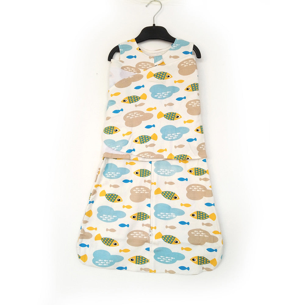Baby sleeping bag with fish and cloud pattern on a white background