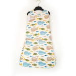 Baby sleeping bag with fish and cloud pattern on a white background