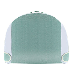 Green and white chair pad on a white background