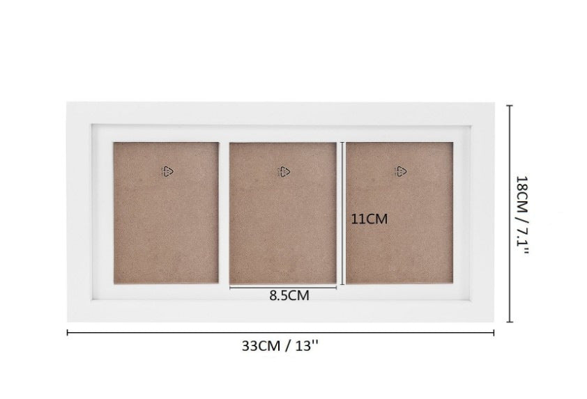 White triple photo frame with dimensions on a white background