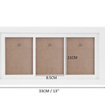 White triple photo frame with dimensions on a white background