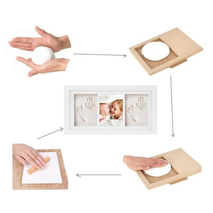 Step-by-step process of using a baby handprint kit with a photo frame.