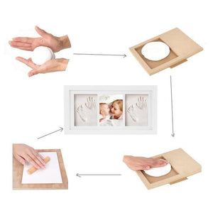 Step-by-step process of using a baby handprint kit with a photo frame.