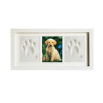 White frame with two clay impression slots and a photo of a puppy inside.