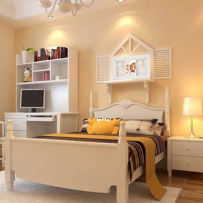 Neatly arranged bedroom with a bed, desk, and shelves.