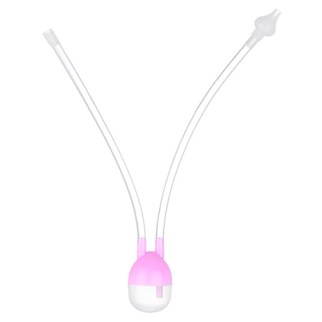 Pink and white baby bottle with long flexible straw on a white background