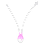 Pink and white baby bottle with long flexible straw on a white background
