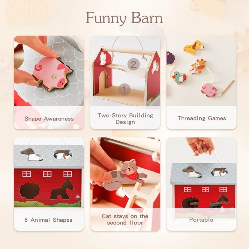 Collage of a children's toy barn with various features and activities.