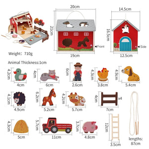 Farm-themed toy set with dimensions and measurements on a white background