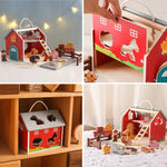 Collage of a wooden toy barn with animals and accessories on a shelf.
