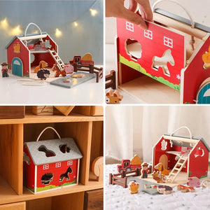 Collage of a wooden toy barn with animals and accessories on a shelf.