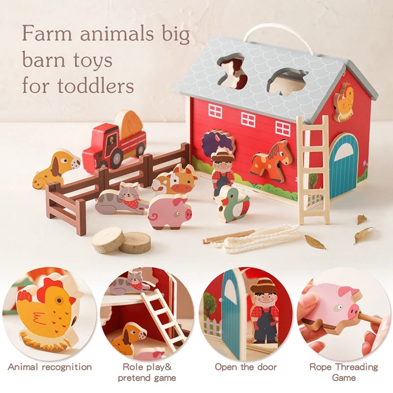 Farm animals and barn toys for toddlers with a red barn and various farm animal figures.