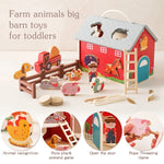 Farm animals and barn toys for toddlers with a red barn and various farm animal figures.