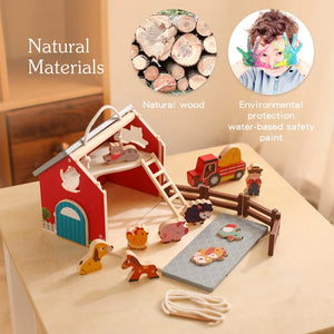 Wooden toy set with animals and a barn, highlighting natural materials and safety paint.