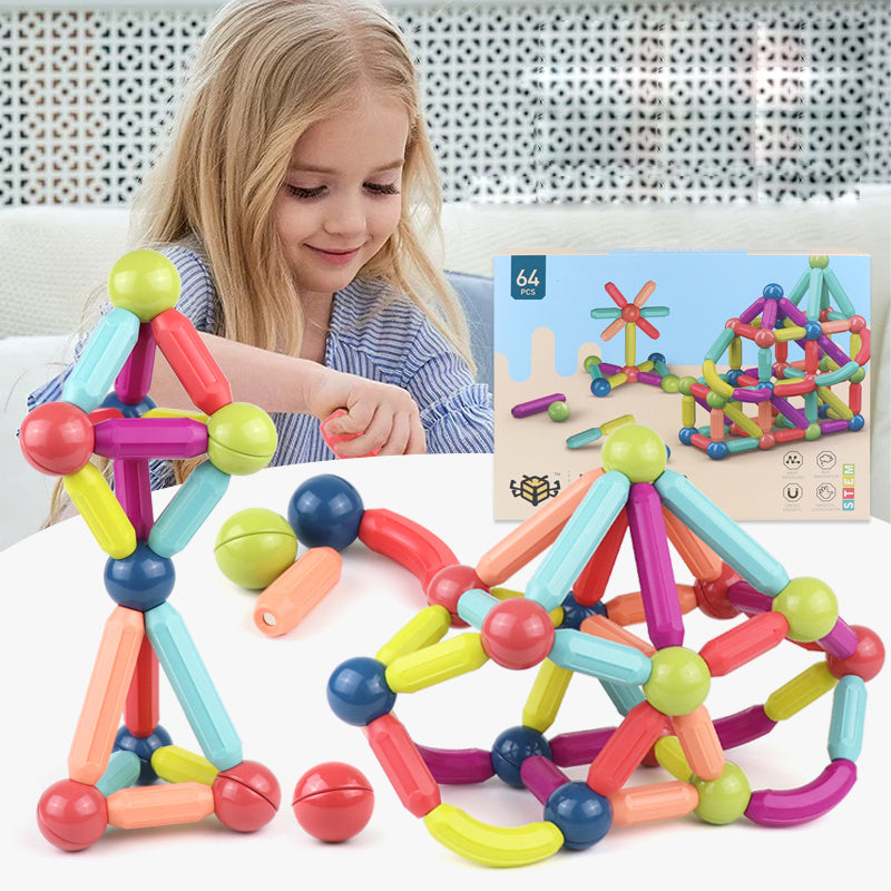 Colorful building block set with a child playing with it, inset showing a diagram of a structure.