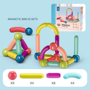 Colorful magnetic building toy set with packaging on a light blue background