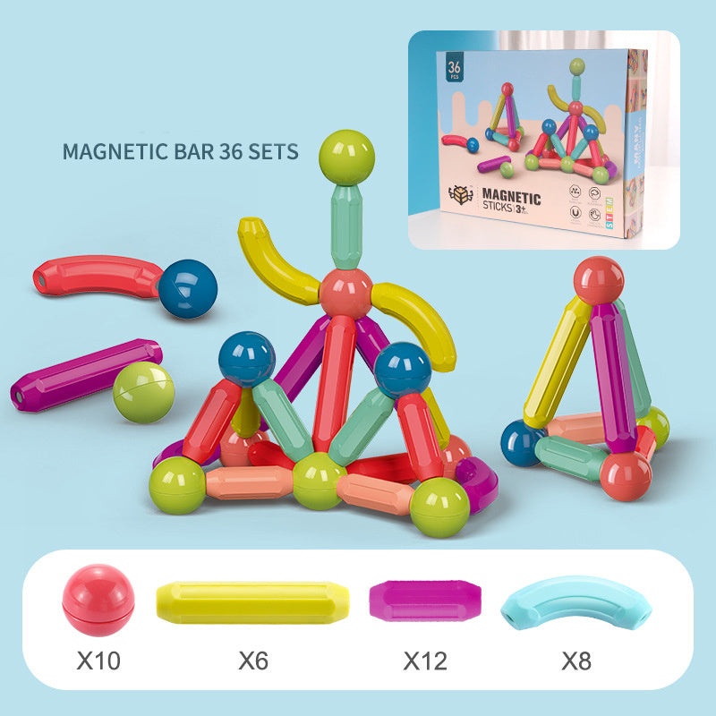 Colorful magnetic building sticks on a light blue background with packaging and component count display.