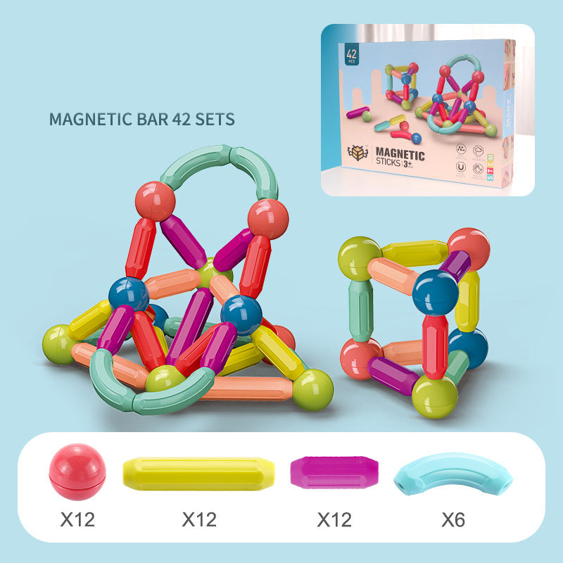Colorful magnetic bar sets with packaging and component illustration on a light blue background