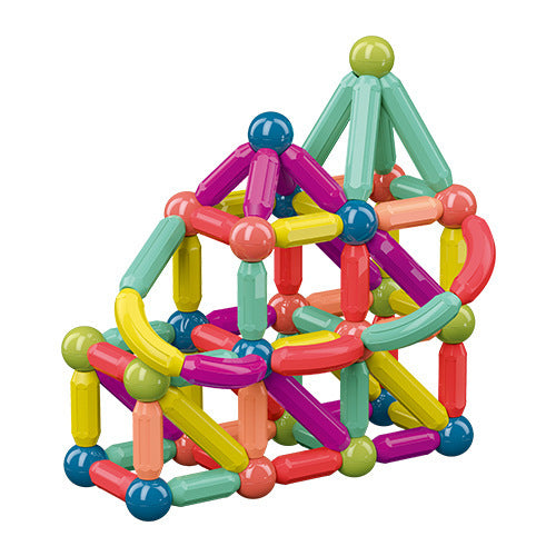Colorful magnetic building block set on a white background