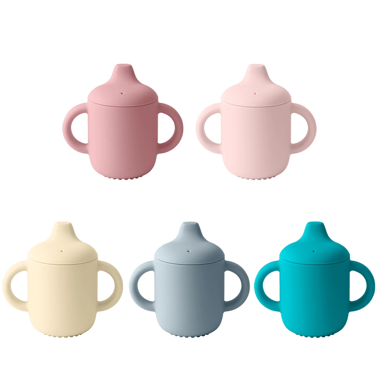 Set of five colorful sippy cups on a white background