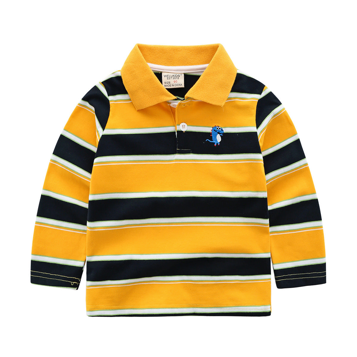 Yellow and black striped long-sleeve polo shirt with a brand label on a white background
