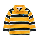 Yellow and black striped long-sleeve polo shirt with a brand label on a white background