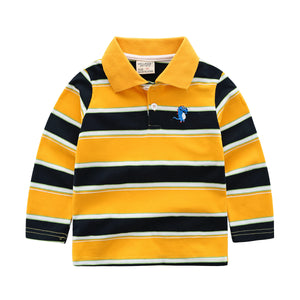 Yellow and black striped long-sleeve polo shirt with a brand label on a white background
