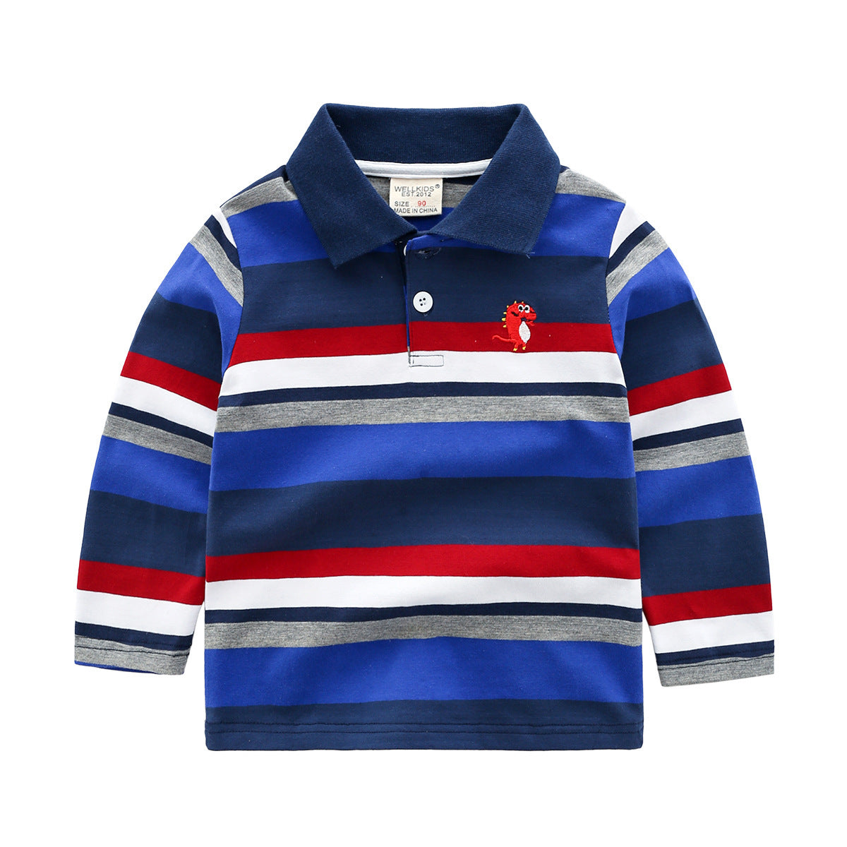 Children's striped polo shirt with a red emblem on a white background