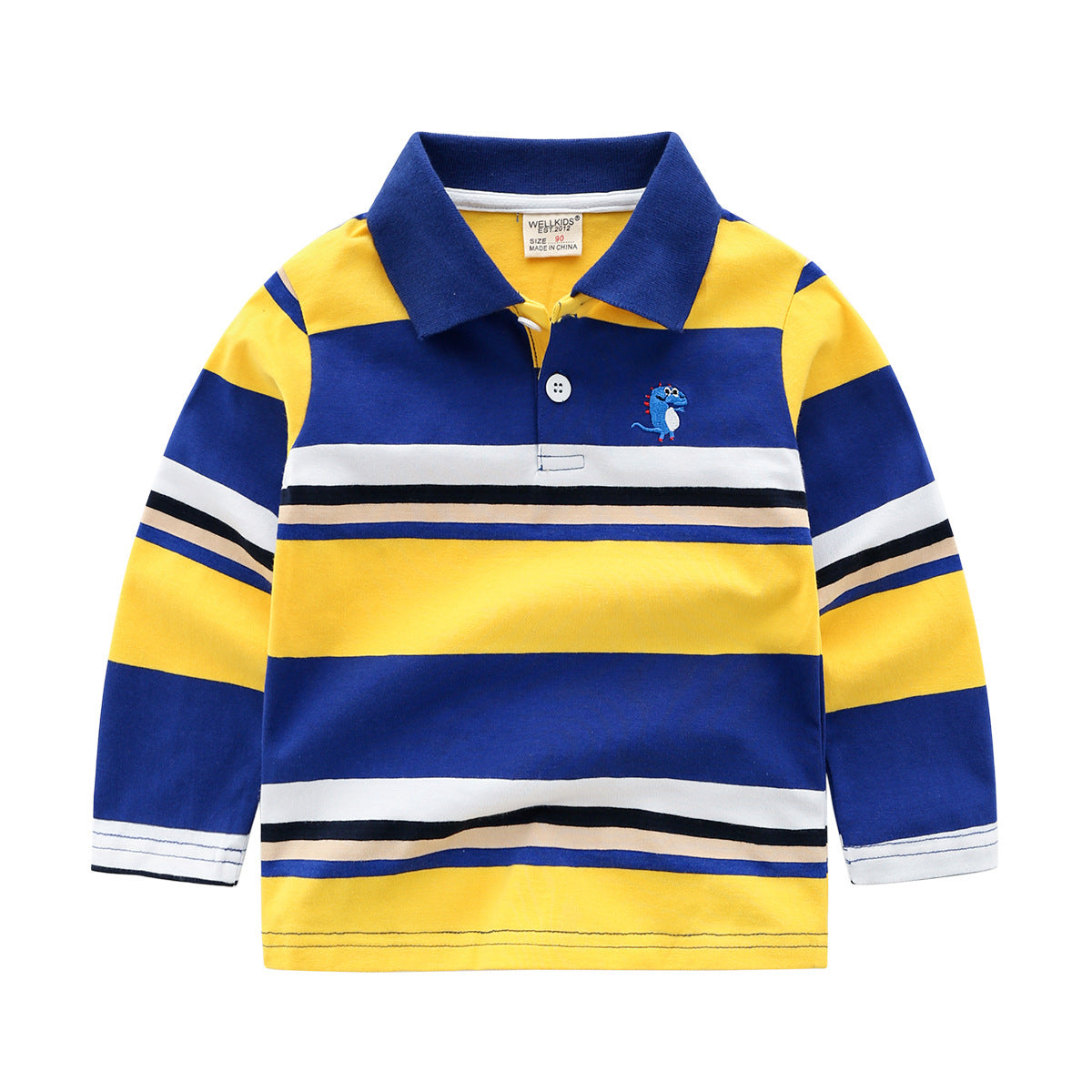 Children's long-sleeve polo shirt with blue and yellow stripes on a white background