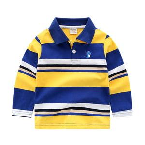 Children's long-sleeve polo shirt with blue and yellow stripes on a white background