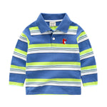 Children's striped polo shirt with a small logo on a white background
