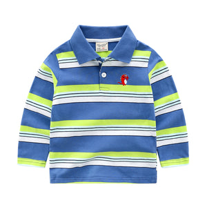 Children's striped polo shirt with a small logo on a white background
