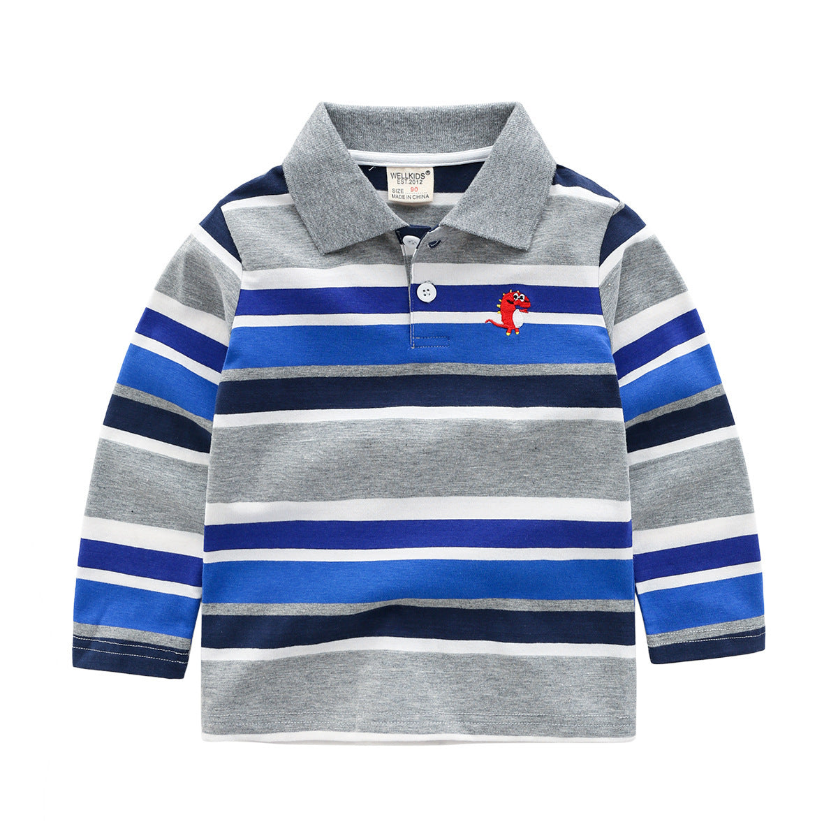 Striped long-sleeve shirt with a small logo on a white background