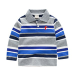Striped long-sleeve shirt with a small logo on a white background